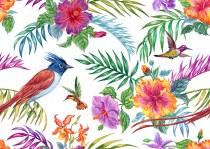 Fotobehang (aquarel) tropische hibiscus bloemen, Palm bladeren, orchideeën en vogels_298969218_ds